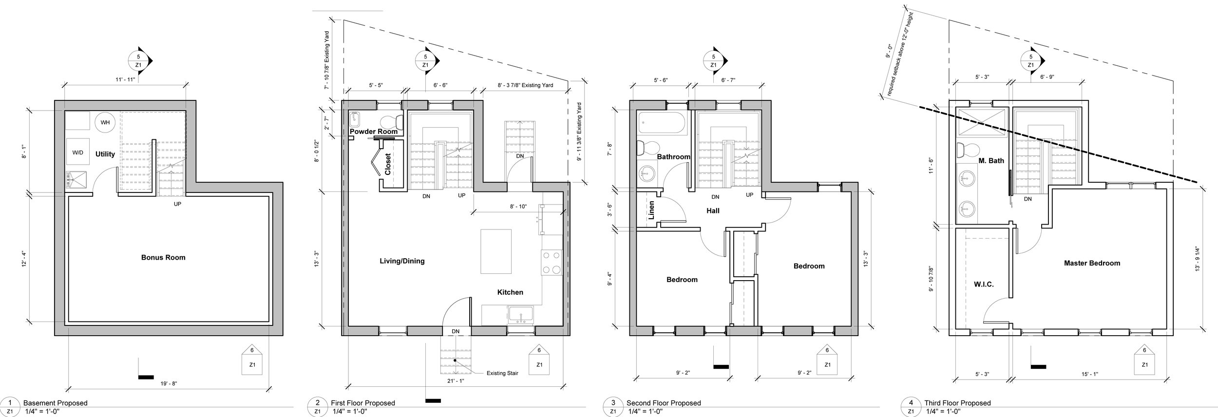 The new plans. Finished basement, living space on the first floor, two bedrooms and a bathroom on the second floor, and a master suite on the third.