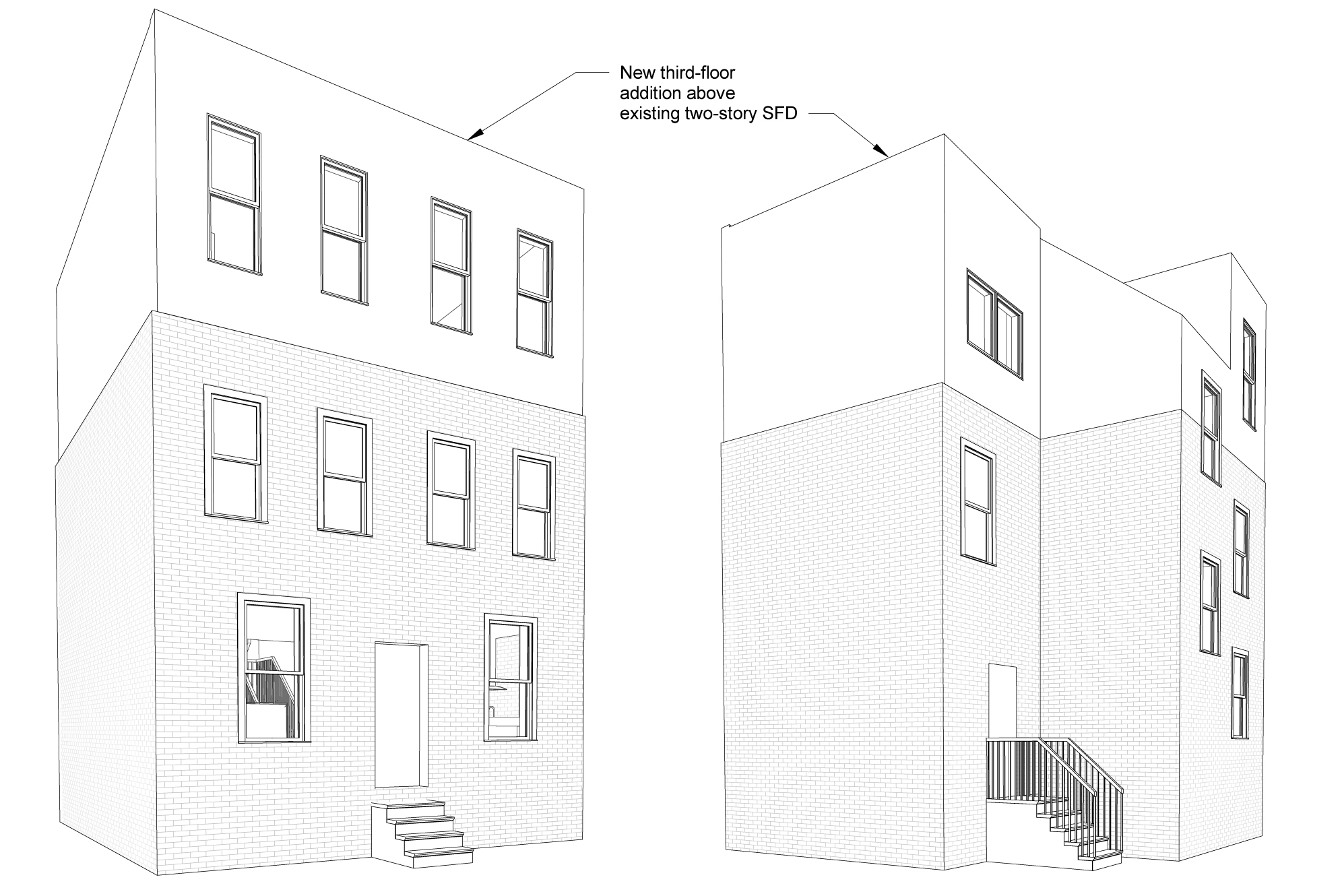 Rough front and rear views of the finished house, from during preliminary design.