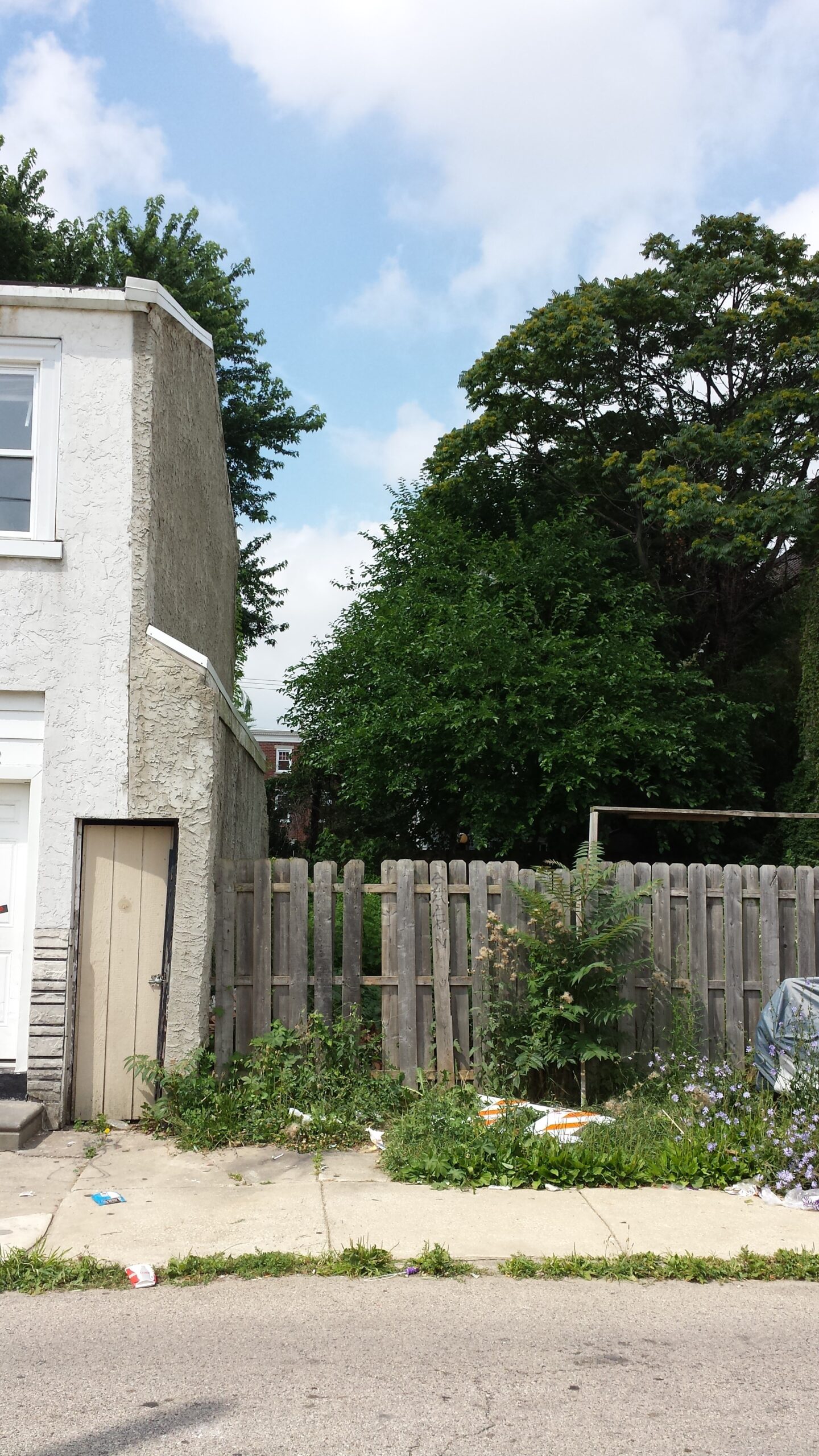 the lot before construction began; the wood door leads through a passageway that runs between the two properties for emergencies