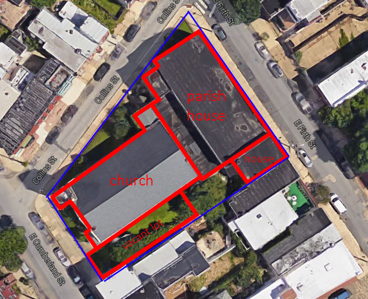 The overall site is marked in blue; individual buildings in red.