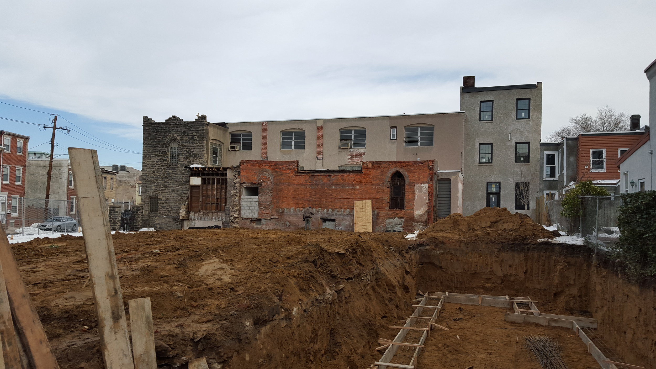 Rear view of the existing building, after the church was demolished. The hole in the foreground was for a new house at 2127 East Cumberland (see link, above).