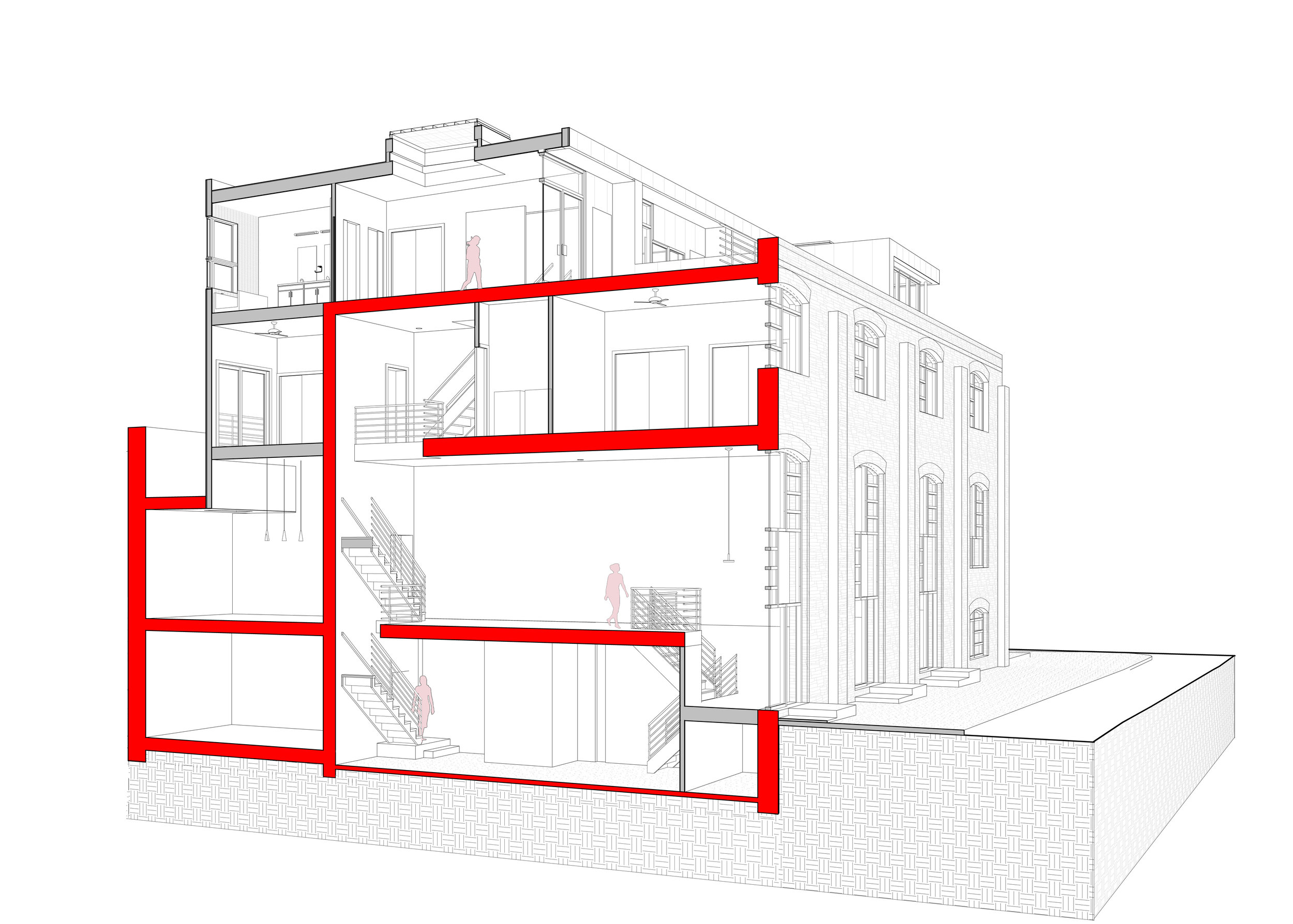 Building Section; the existing building profile is shown in red, and new construction is shown in gray